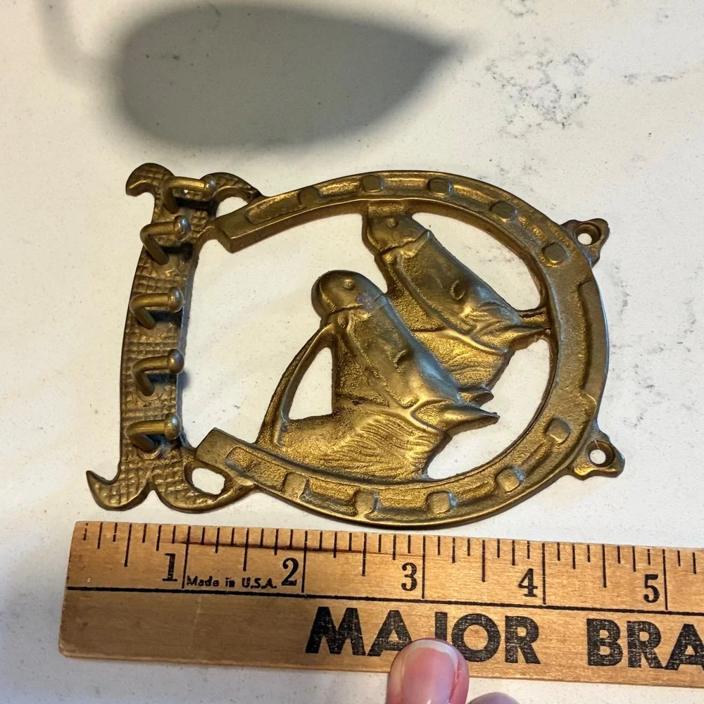 Key Rack Brass Horse Head Horseshoe 5 Hook Wall Mount Decor Equestrian Western